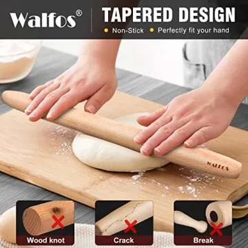 WALFOS French Rolling Pin for Baking, Tapered Design Natural Beech Wood Rolling Pins, Essential Kitc...