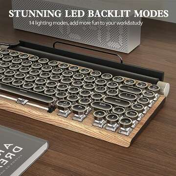 Retro Typewriter Keyboard Wireless Mechanical Keyboard, 83-Key Blue Switches Bluetooth 5.0 Vintage Punk Round Keycap, 14 Modes LED Backlight, Type-C, Compatible with PC/Laptop/Mac/Pad/Phone, Wood