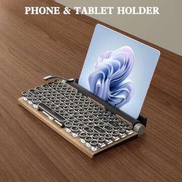 Retro Typewriter Keyboard Wireless Mechanical Keyboard, 83-Key Blue Switches Bluetooth 5.0 Vintage Punk Round Keycap, 14 Modes LED Backlight, Type-C, Compatible with PC/Laptop/Mac/Pad/Phone, Wood