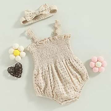 Engofs Boho Baby Girl Clothes Newborn Infant Sleeveless Lace Romper with Headband Summer Outfit Light Khaki 0-3 Months