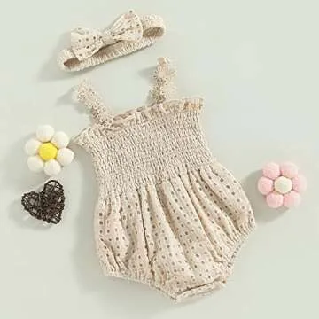 Engofs Boho Baby Girl Clothes Newborn Infant Sleeveless Lace Romper with Headband Summer Outfit Light Khaki 0-3 Months
