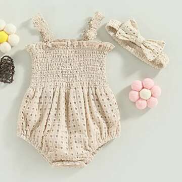 Engofs Boho Baby Girl Clothes Newborn Infant Sleeveless Lace Romper with Headband Summer Outfit Light Khaki 0-3 Months