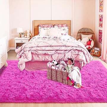 ISEAU Fluffy Rug Carpets Soft Shaggy Area Rug Indoor Floor Rugs for Kids Room Fuzzy Carpet Comfy Cute Nursery Rug Bedside Rug for Boys Girls Bedroom Living Room Home Decor Mat, 5ft x 8ft, Hot Pink