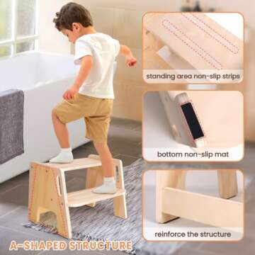Toddler Step Stool - Wooden Height-Adjustable 2-Step Stool for Kids