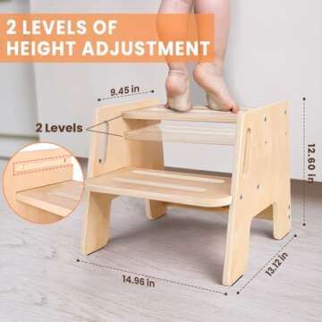 Toddler Step Stool, Height-Adjustable Wooden 2-Step Stool