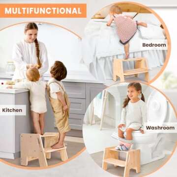 Toddler Step Stool, Height-Adjustable Wooden 2-Step Stool