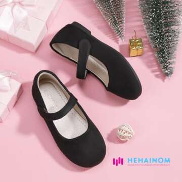 Hehainom Toddler Girls Flats Mary Jane Flower Girl Dress Shoes School Wedding Party Shoes(Black Suede 12 M US Little Kid)