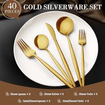 40-Piece Gold Silverware Set for 8, CEKEE Stainless Steel Gold Flatware Set, Cutlery Set Kitchen Ute...