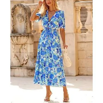 BTFBM 2025 Womens Summer Boho Dress Tie Front Deep V Neck Cutout Short Sleeve Casual Party Floral Beach Maxi Dresses(Big Floral White Blue, X-Large)