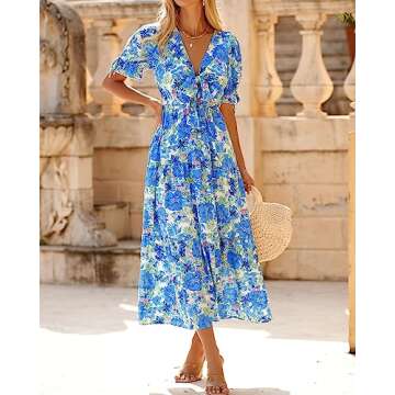 BTFBM 2025 Womens Summer Boho Dress Tie Front Deep V Neck Cutout Short Sleeve Casual Party Floral Beach Maxi Dresses(Big Floral White Blue, X-Large)
