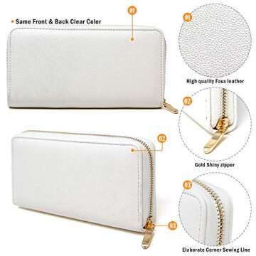 Me Plus Women Fashion Solid Color Faux Leather PU Long Wallet with Zipper Closure Card Slots Zippered Coin Pouch (White)