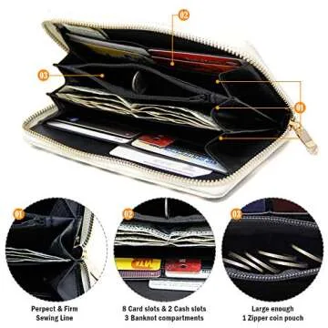 Me Plus Women Fashion Solid Color Faux Leather PU Long Wallet with Zipper Closure Card Slots Zippered Coin Pouch (White)