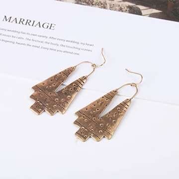 Vintage Geometric Drop Earrings Carving Moon Pattern Big Gold Statement Earrings For Women