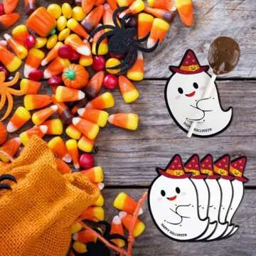 100 Pcs Halloween Candy Decoration Paper Tags Ghost Lollipop Biscuit Holder Cards Trick or Treat Craft Label Party Home DIY Supplies