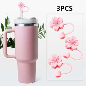 3Pcs Flowers Silicone Straw Cover Cap for Pink Stanley Cup, 0.4in Cute Straw Topper Accessories for 40 oz/30 oz Stanley Tumbler, Portable Protector Plugs Valentines Decor Gifts for Kids Party Favors