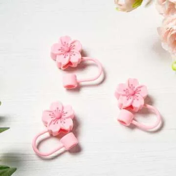 3Pcs Flowers Silicone Straw Cover Cap for Pink Stanley Cup, 0.4in Cute Straw Topper Accessories for 40 oz/30 oz Stanley Tumbler, Portable Protector Plugs Valentines Decor Gifts for Kids Party Favors