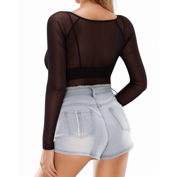MANGOPOP Black Long Sleeve Mesh Tops Women Stylish Clubwear