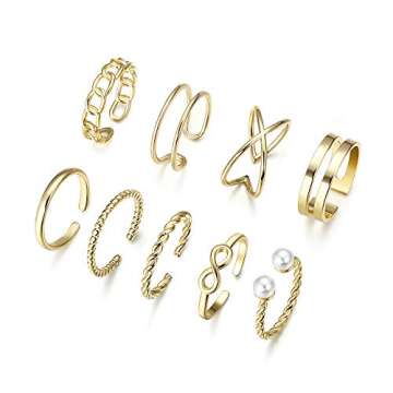 LOYALLOOK 9PCS Vintage Knuckle Stackable Rings Set for Women Bohemian Retro Gold/Silver Plated Midi Ring Hollow Pearl Comfort Fit Vsco Joint Finger Rings Adjustable (Gold Tone)