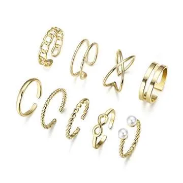 LOYALLOOK 9PCS Vintage Knuckle Stackable Rings Set for Women Bohemian Retro Gold/Silver Plated Midi Ring Hollow Pearl Comfort Fit Vsco Joint Finger Rings Adjustable (Gold Tone)