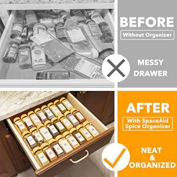 SpaceAid Bamboo Spice Drawer Organizer Set with 24 Glass Jars and 378 Labels for Stylish Kitchen Org...