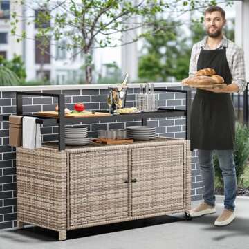YITAHOME Large Outdoor Kitchen Wicker Island Rolling Cart &Bar Table, Wheels and Black Glass Table Top for Patio, Poolside and Backyard (Light Brown)