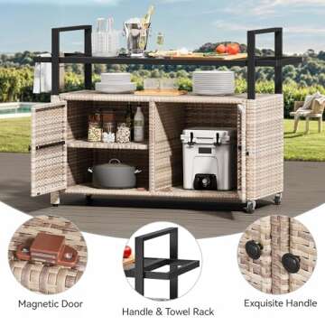 YITAHOME Large Outdoor Kitchen Wicker Island Rolling Cart &Bar Table, Wheels and Black Glass Table Top for Patio, Poolside and Backyard (Light Brown)