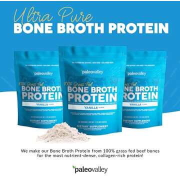 Paleovalley 100% Grass Fed Bone Broth Protein Powder - Vanilla - Rich in Collagen for Hair, Skin, Gu...