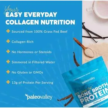 Paleovalley 100% Grass Fed Bone Broth Protein Powder - Vanilla - Rich in Collagen for Hair, Skin, Gut Health, Bone and Joint Support - 28 Servings