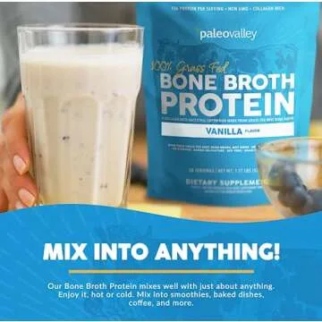 Paleovalley 100% Grass Fed Bone Broth Protein Powder - Vanilla - Rich in Collagen for Hair, Skin, Gut Health, Bone and Joint Support - 28 Servings