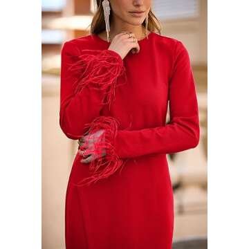 PRETTYGARDEN Women's 2024 Fall Long Sleeve Dress Formal Midi Bodycon Wrap Slit Feather Elegant Wedding Guest Cocktail Dresses (Red,Medium)