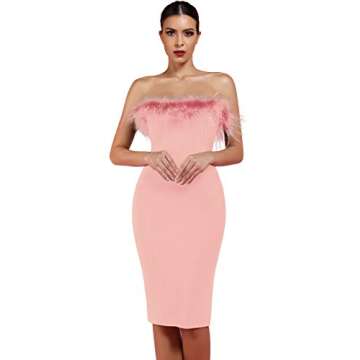 whoinshop Women's Sexy Off Shoulder Feather Bandage Evening Club Party Dress Nude
