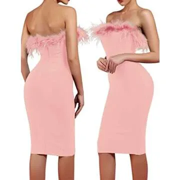 whoinshop Women's Sexy Off Shoulder Feather Bandage Evening Club Party Dress Nude