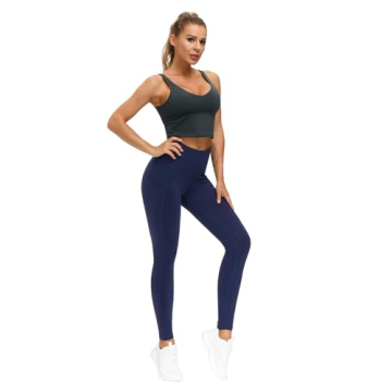 THE GYM PEOPLE Thick High Waist Yoga Pants with Pockets, Tummy Control Workout Running Yoga Leggings for Women Blue