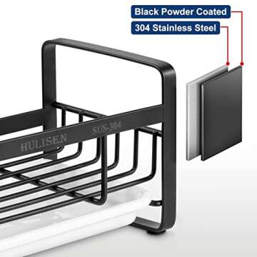 HULISEN Kitchen Sink Sponge Holder, 304 Stainless Steel Kitchen Soap Dispenser Caddy Organizer, Countertop Soap Dish Rack Drainer with Removable Drain Tray, not Including Dispenser and Brush, Black