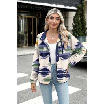 Zeagoo Fuzzy Western Aztec Print Snap Button Down Coat for Women Cozy Fleece Jacket with Pockets