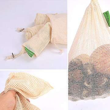 Westmell Reusable Produce Bags, Natural Cotton Mesh | Biodegradable | Recyclable Packaging | Machine Washable | Durable | Double-Stitched Seams | Tare Weight on Label | Set of 9 (Small-Medium-Large)