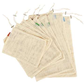 Westmell Reusable Produce Bags, Natural Cotton Mesh | Biodegradable | Recyclable Packaging | Machine Washable | Durable | Double-Stitched Seams | Tare Weight on Label | Set of 9 (Small-Medium-Large)