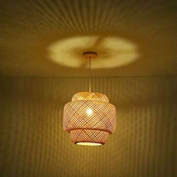Karjearl Bamboo Pendant Light - Boho Basket Chandelier Handmade Woven Pendant Light, Natural Wicker ...