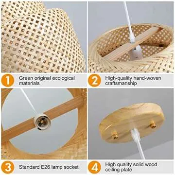 Karjearl Bamboo Pendant Light - Boho Basket Chandelier Handmade Woven Pendant Light, Natural Wicker Rattan Hanging Chandelier for Kitchen Island Dining Room Living Room Porch