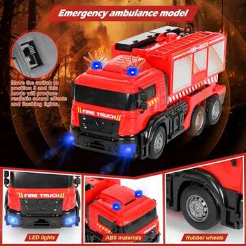 Remote Control Fire Truck for Boys, RC Fire Truck Toy Set with 4Pcs Mini Firetrucks. Rescue Truck With Flashing Lights and Siren Sounds. Christmas, New Year and Birthday Gifts For Kids and Toodlers
