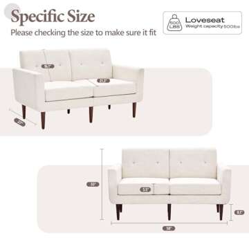 HUIMO 58" Loveseat Sofa for Living Room, Comfy Couch with Button Tufted, Mid Century Modern Loveseat, Small Couch for Office, Bedroom and Apartment(Ivory)