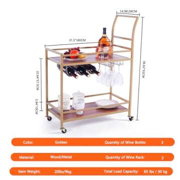 JBBCN Bar Cart for The Home, Bar Serving Cart on Wheels with Wine Rack and Glass Holder, Kitchen Living Room Storage Cart, Wood& Metal Material, Golden Finish