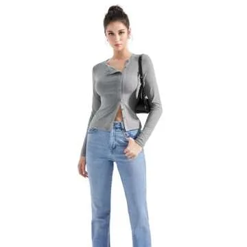 SUUKSESS Women Button Down Ribbed Modal Tops Long Sleeve Fall Fitted Going Out Shirt (Grey, S)