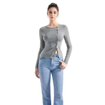 SUUKSESS Women Button Down Ribbed Modal Tops Long Sleeve Fall Fitted Going Out Shirt (Grey, S)