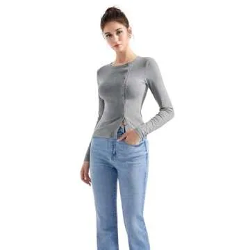 SUUKSESS Women Button Down Ribbed Modal Tops Long Sleeve Fall Fitted Going Out Shirt (Grey, S)