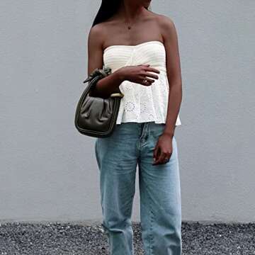 MISSACTIVER Women Twist Knot Knit Bandeau Tube Top Embroidery Strapless Off Shoulder Backless Hollow Crop Tank Corset Top(Large,White)