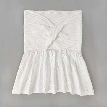 MISSACTIVER Women Twist Knot Knit Bandeau Tube Top Embroidery Strapless Off Shoulder Backless Hollow Crop Tank Corset Top(Large,White)