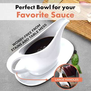 Bruntmor 11 Oz White Ceramic Gravy Boat With Tray, 11 Ounce Small Ceramic Serving Dish, Dispenser wi...