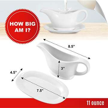 Bruntmor 11 Oz White Ceramic Gravy Boat With Tray, 11 Ounce Small Ceramic Serving Dish, Dispenser with Tray For Sauces, Gravy Boats With Saucer For Dinner