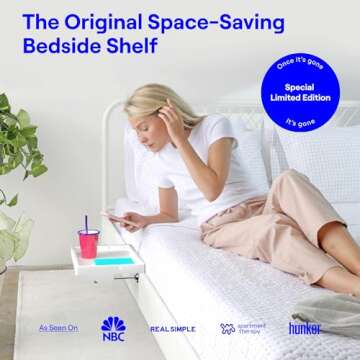 BedShelfie Bedside Shelf for Bunk Bed & Top Bunk, College Dorm Room Essentials, Loft Nightstand, Floating Bed Side Table Tray Storage, Dorm Room Decor, College Dorm Essentials - White Wood Plus